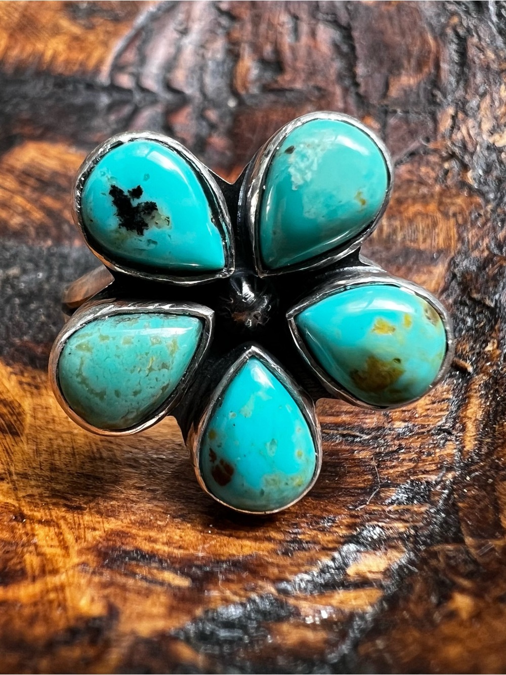 Sterling Silver Kingman Turquoise Flower Ring Size 9 Floral Statement Ring